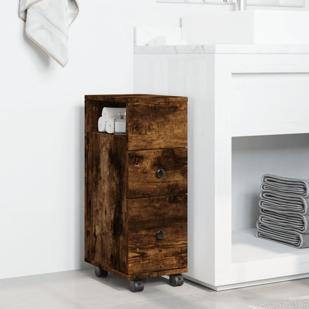 Badschrank Schmal mit Rollen Räuchereiche Holzwerkstoff