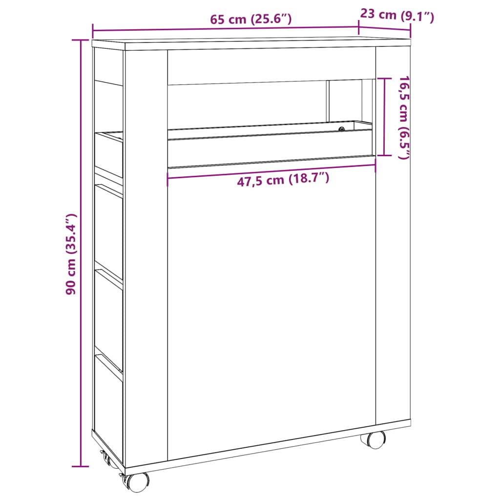 Badschrank Schmal mit Rollen Betongrau Holzwerkstoff