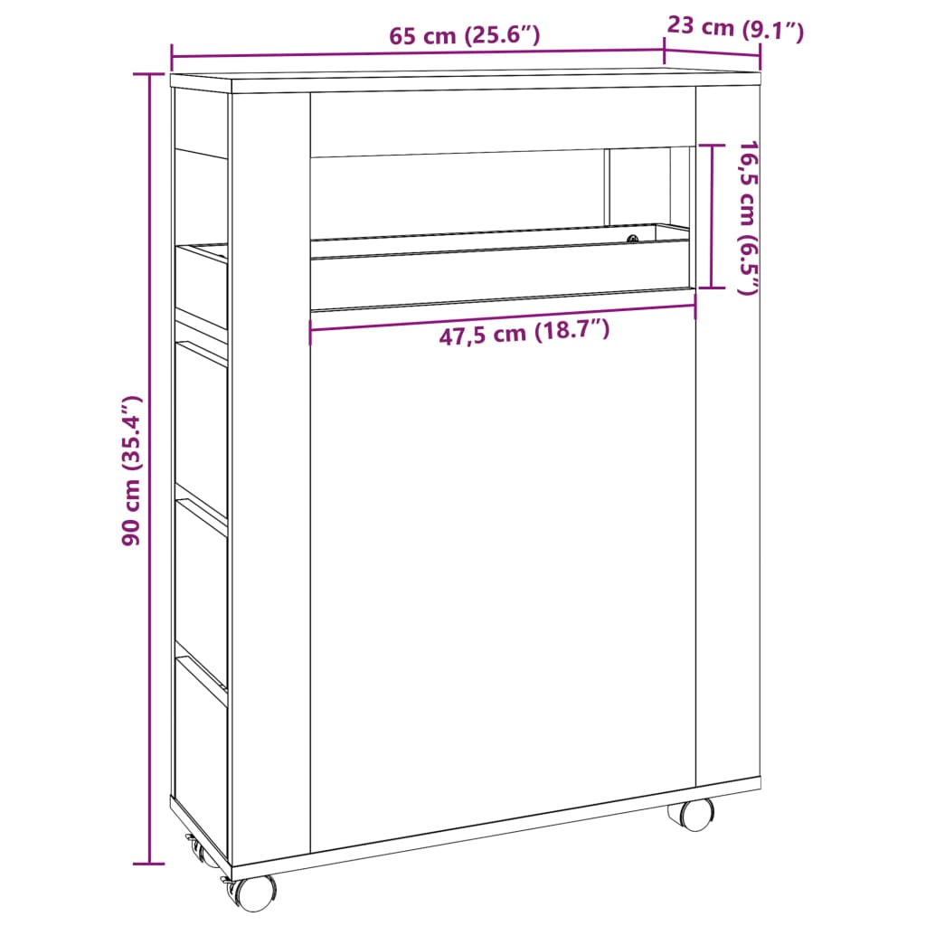 Badschrank Schmal mit Rollen Artisan-Eiche Holzwerkstoff