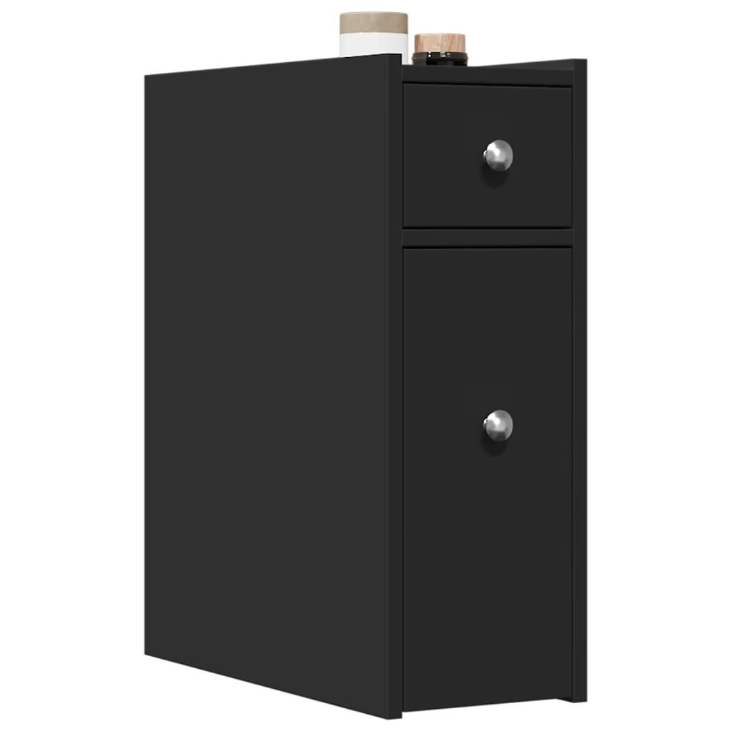 Badschrank Schmal mit Rollen Schwarz Holzwerkstoff