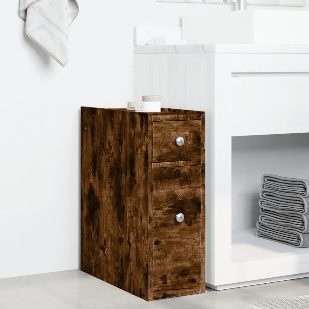 Badschrank Schmal mit Rollen Räuchereiche Holzwerkstoff