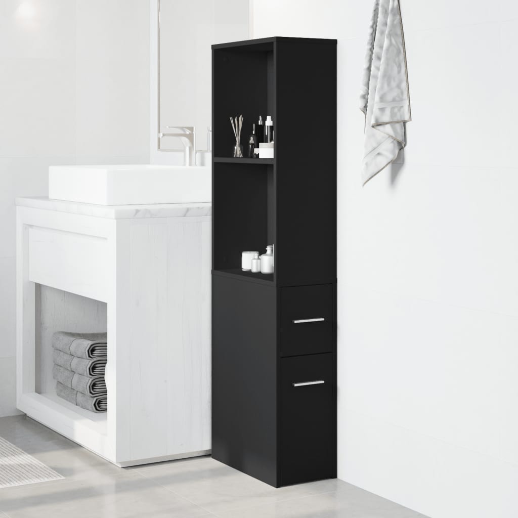 Badschrank Schmal mit Rollen Schwarz Holzwerkstoff