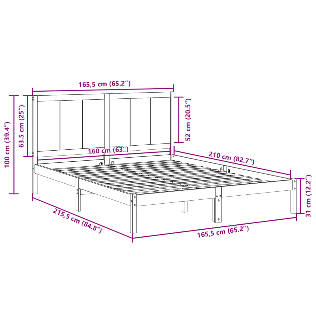 Massivholzbett Extra Lang ohne Matratze 160x210 cm