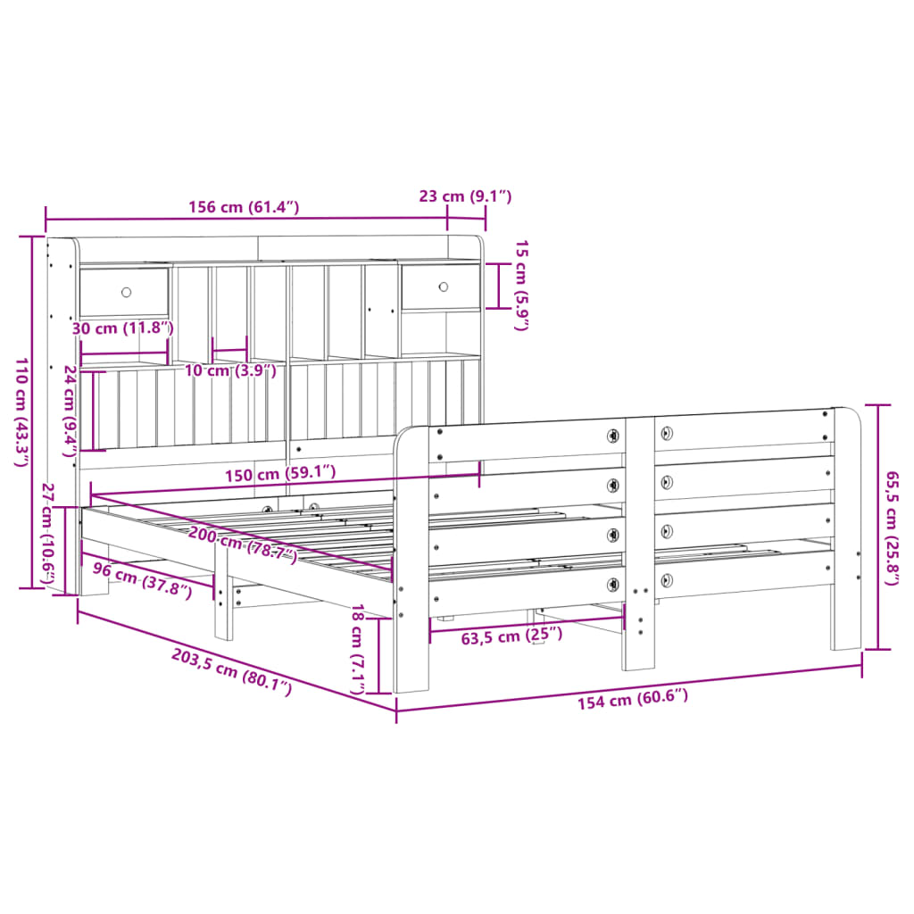 Massivholzbett mit Regal ohne Matratze 140x200 cm Kiefernholz