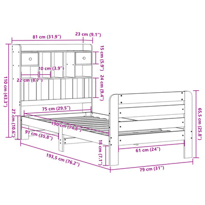 Massivholzbett mit Regal ohne Matratze Wachsbraun 75x190 cm