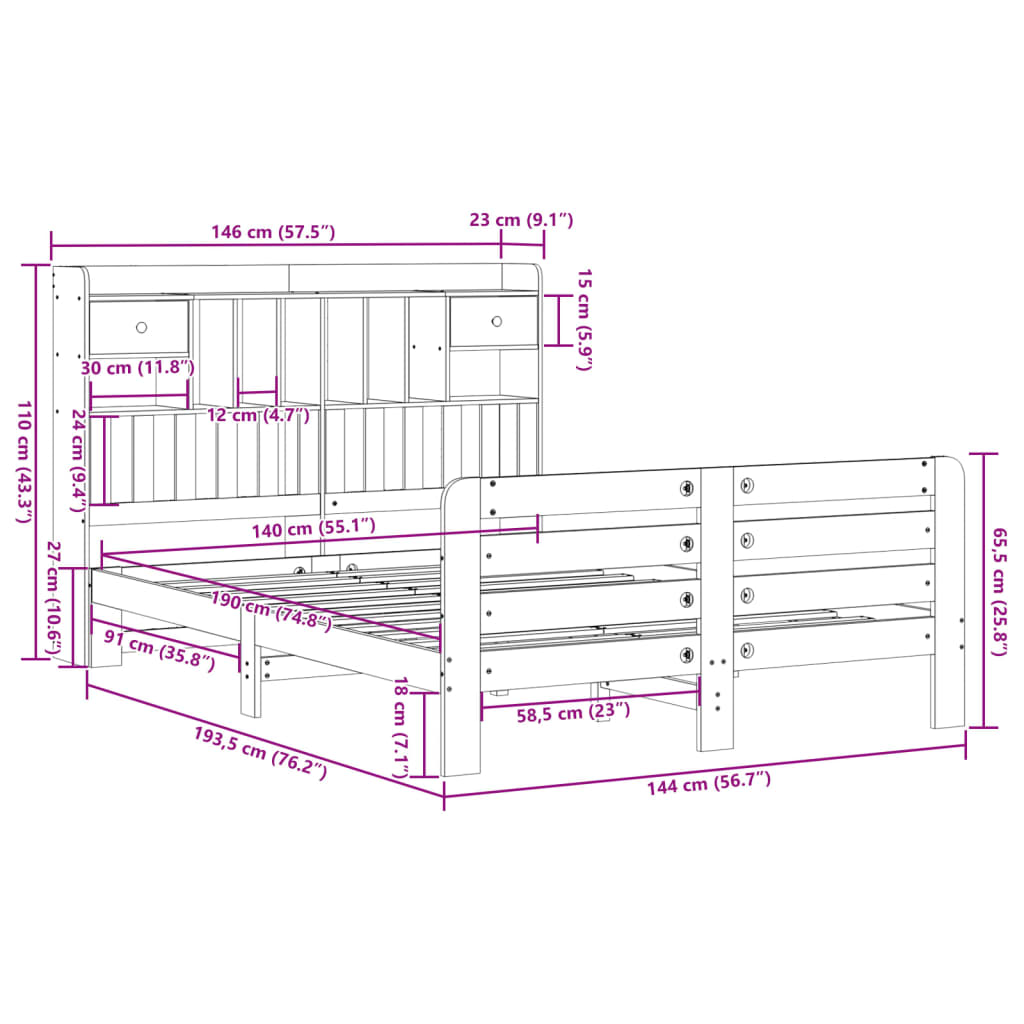 Massivholzbett mit Regal ohne Matratze 140x190 cm Kiefernholz