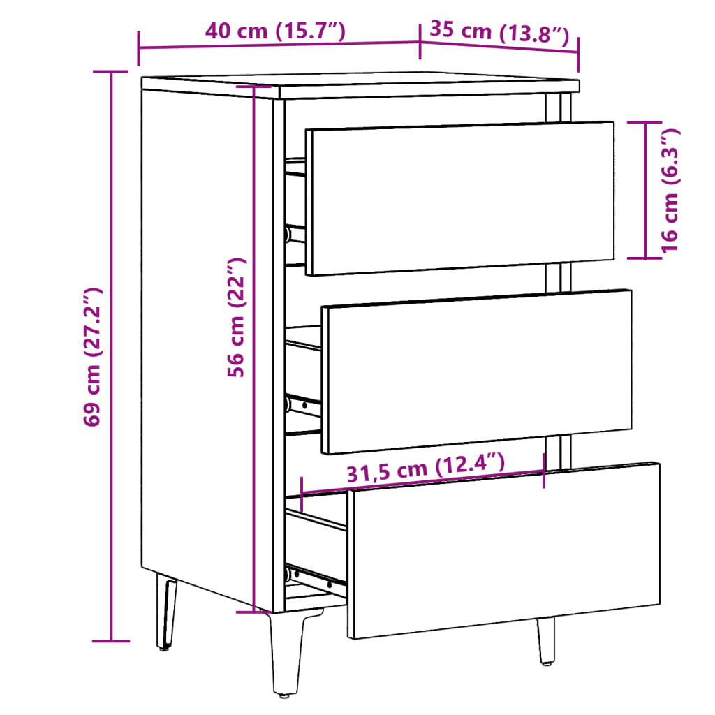 Nachttisch mit Metallbeinen Altholz-Optik 40x35x69 cm