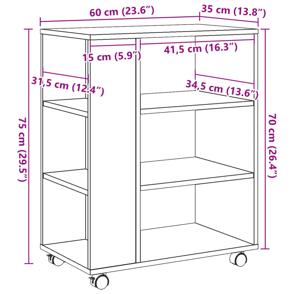 Rollcontainer Altholz-Optik 60x35x75 cm Holzwerkstoff