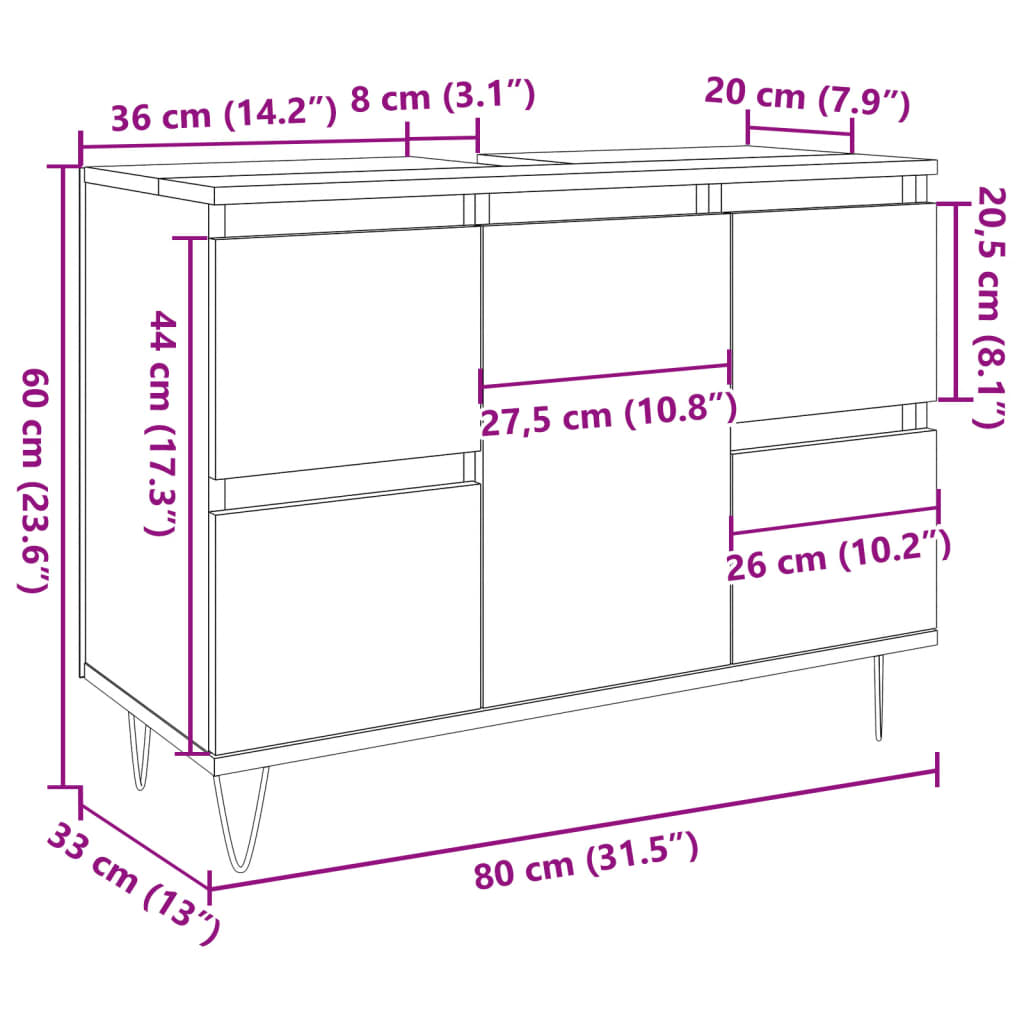 Badschrank Betongrau 80x33x60 cm Holzwerkstoff