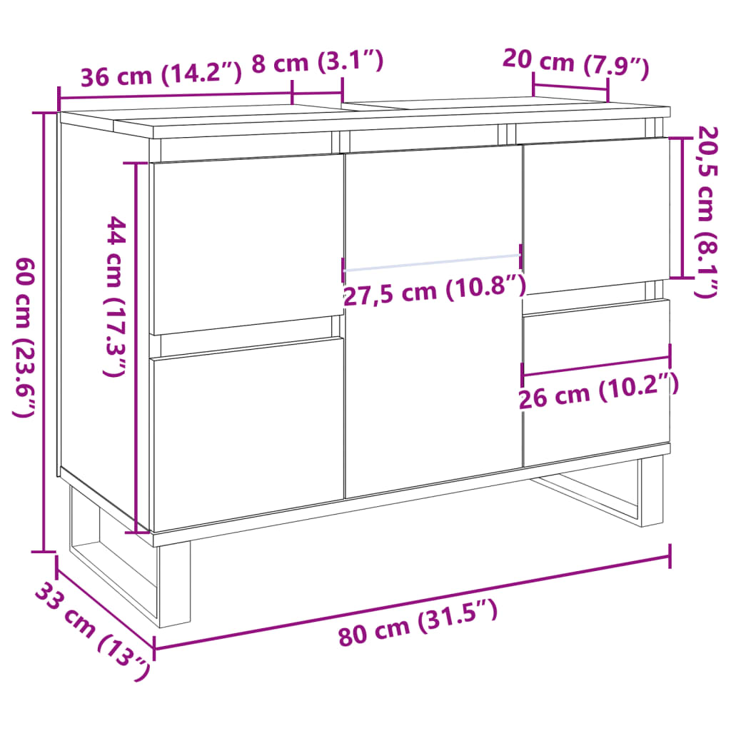 Waschbeckenunterschrank Betongrau 80x33x60 cm Holzwerkstoff