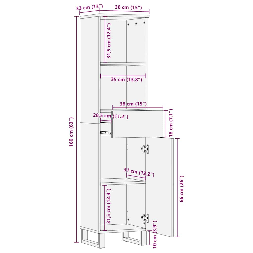 Badschrank Schwarz 38x33x160 cm Massivholz Mango