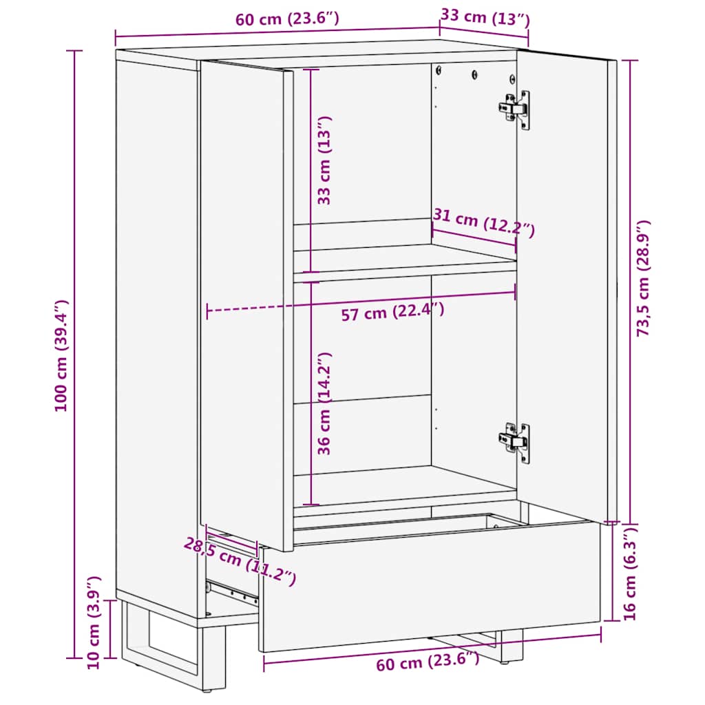 Highboard 60x33x100 cm Massivholz Mango