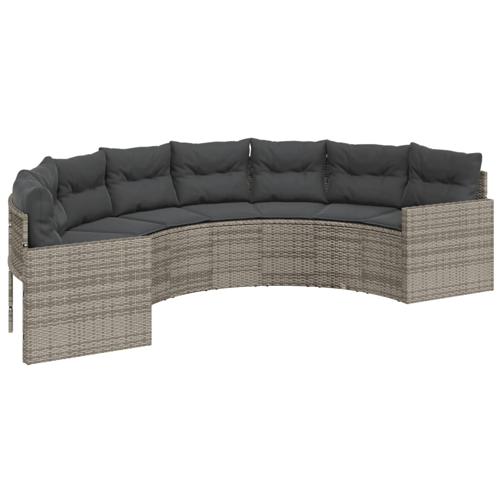 Gartensofa mit Kissen Halbrund Grau Poly Rattan