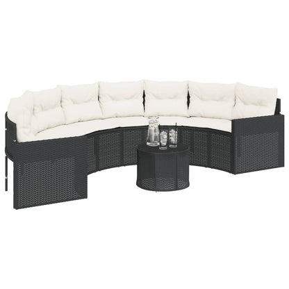 Gartensofa mit Tisch und Kissen Halbrund Schwarz Poly-Rattan