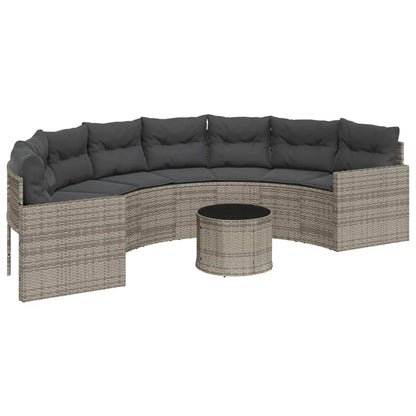 Gartensofa mit Tisch und Kissen Halbrund Grau Poly Rattan