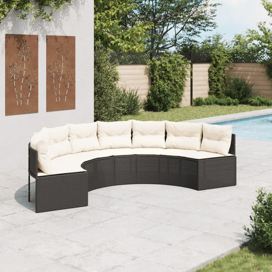 Gartensofa mit Kissen Halbrund Schwarz Poly-Rattan