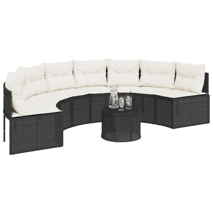 Gartensofa mit Tisch und Kissen Halbrund Schwarz Poly-Rattan