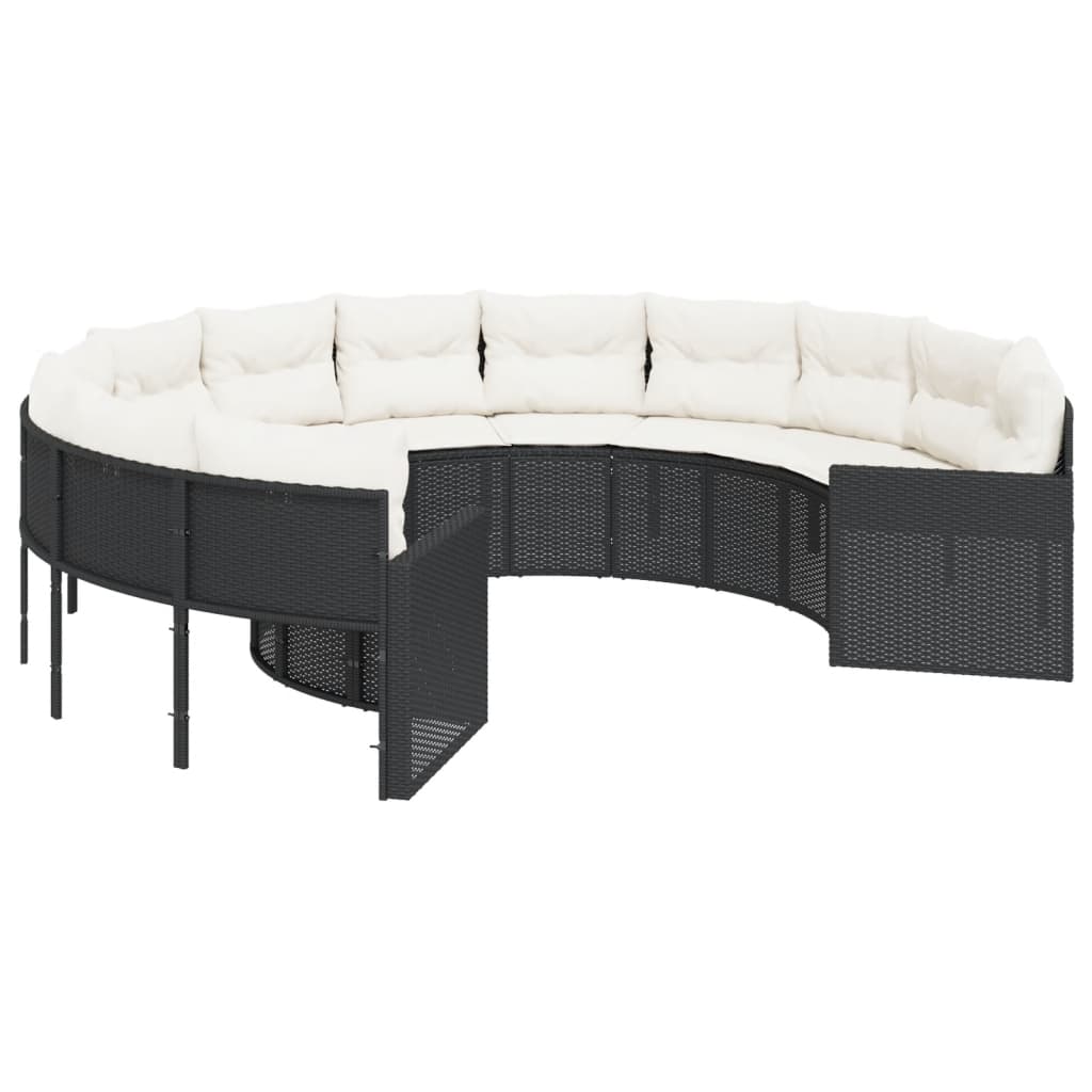 Gartensofa mit Kissen Rund Schwarz Poly-Rattan