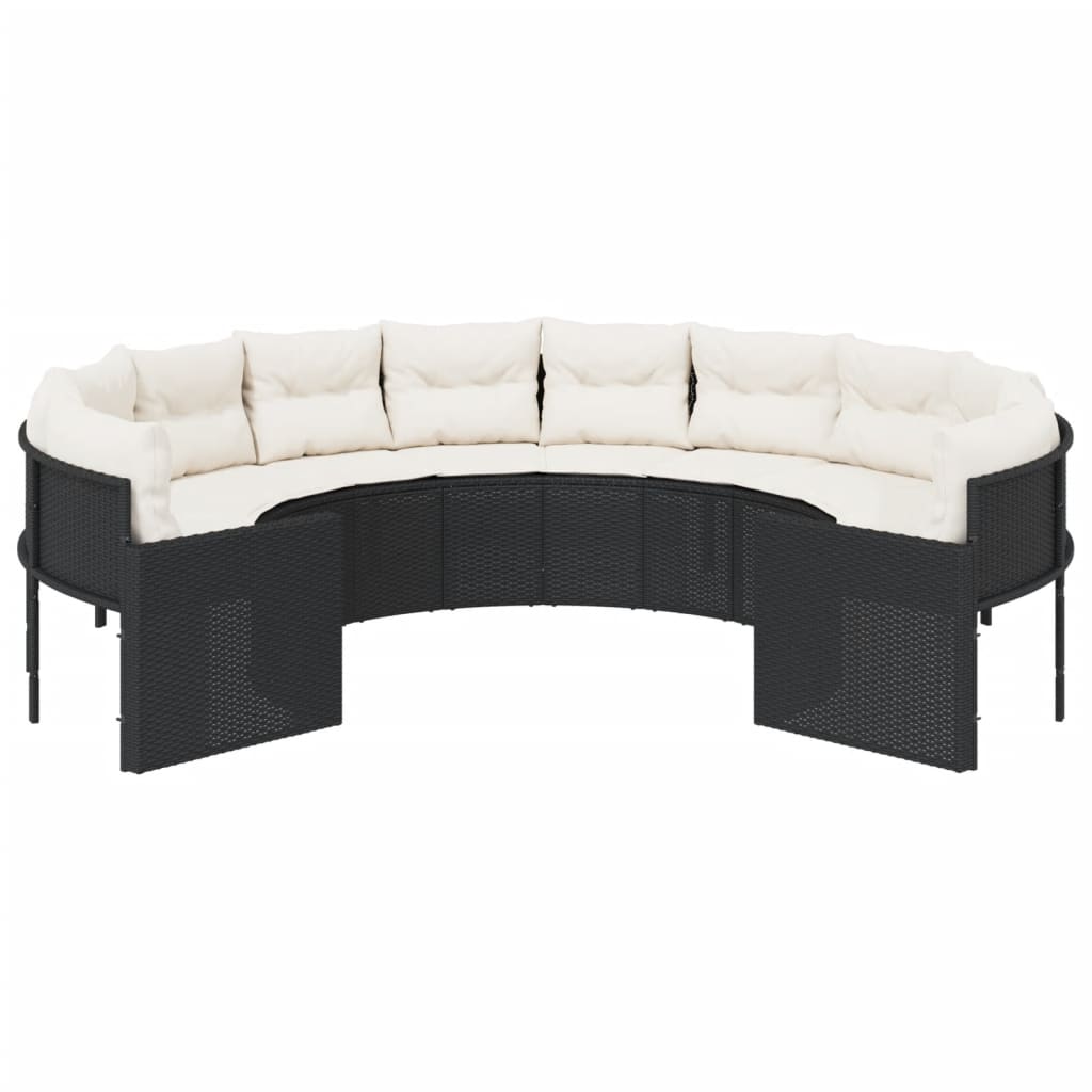 Gartensofa mit Kissen Rund Schwarz Poly-Rattan