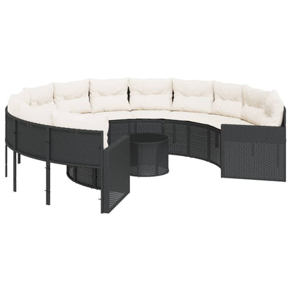 Gartensofa mit Tisch und Kissen Rund Schwarz Poly-Rattan