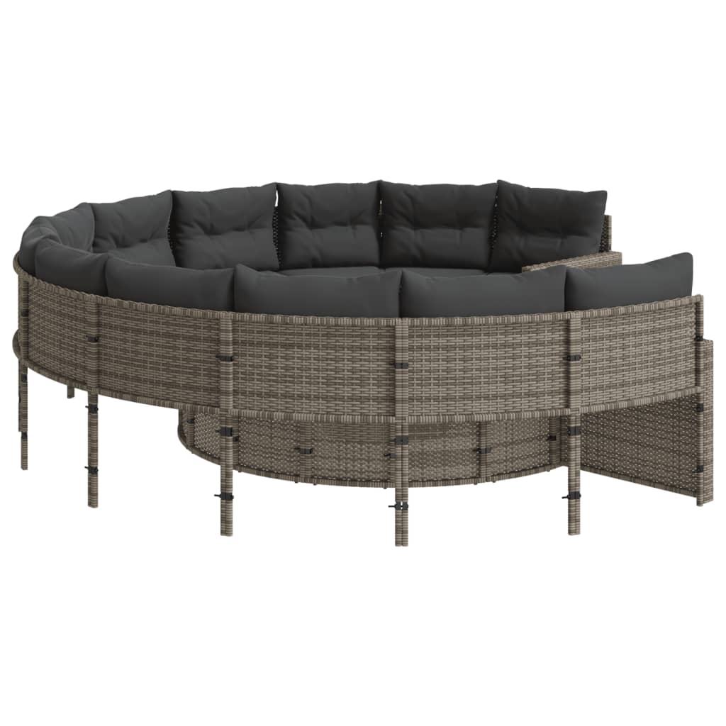 Gartensofa mit Tisch und Kissen Rund Grau Poly Rattan