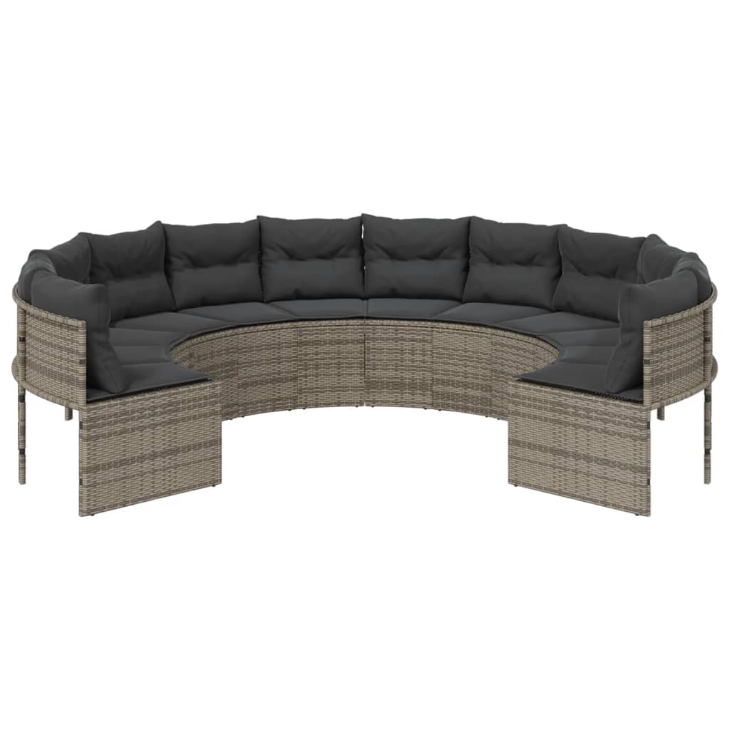 Gartensofa mit Kissen Rund Grau Poly Rattan