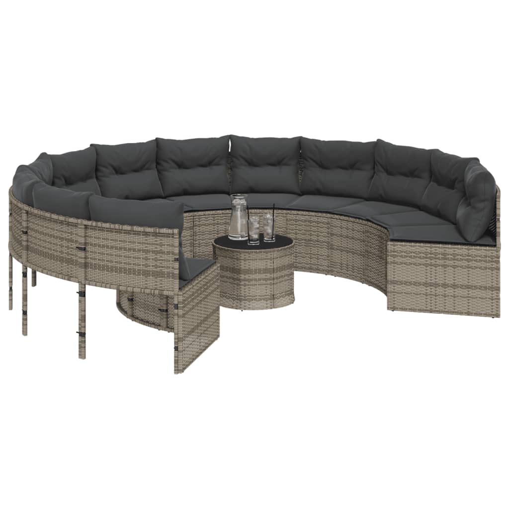 Gartensofa mit Tisch und Kissen Rund Grau Poly Rattan