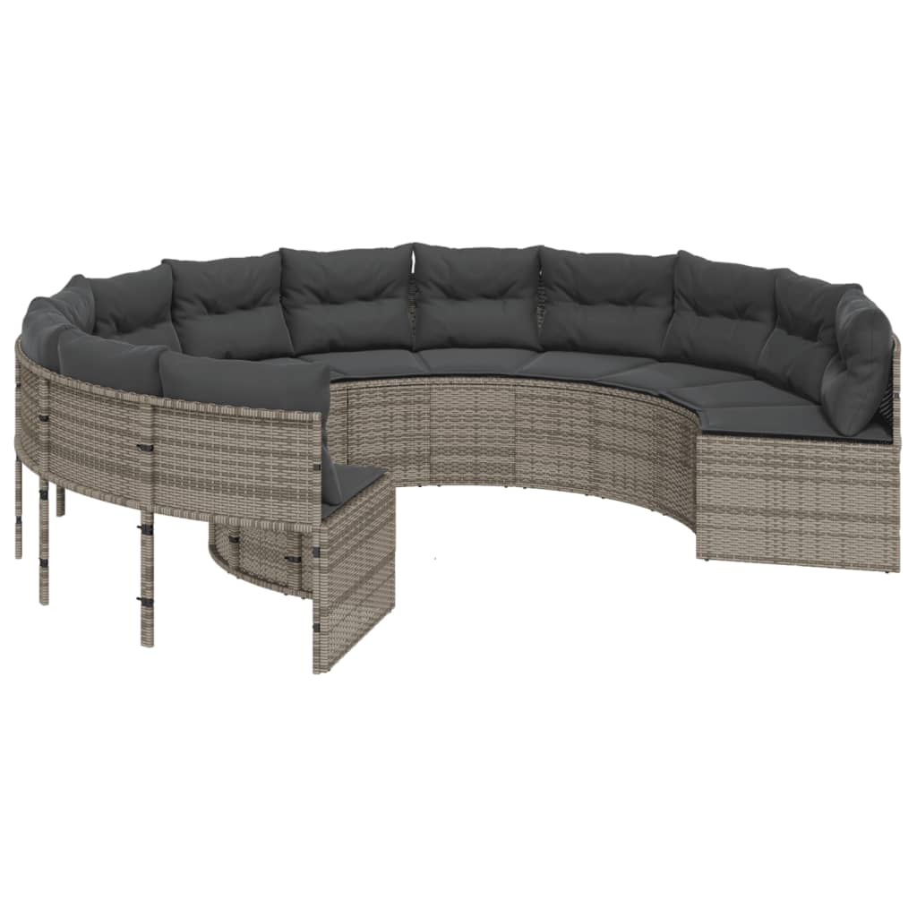 Gartensofa mit Tisch und Kissen Rund Grau Poly Rattan