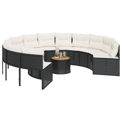 Gartensofa mit Tisch und Kissen Rund Schwarz Poly-Rattan