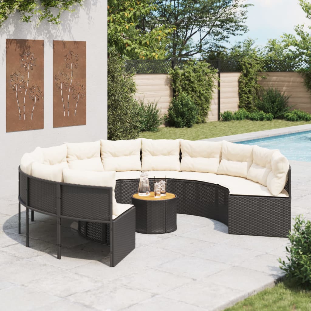 Gartensofa mit Tisch und Kissen Rund Schwarz Poly-Rattan