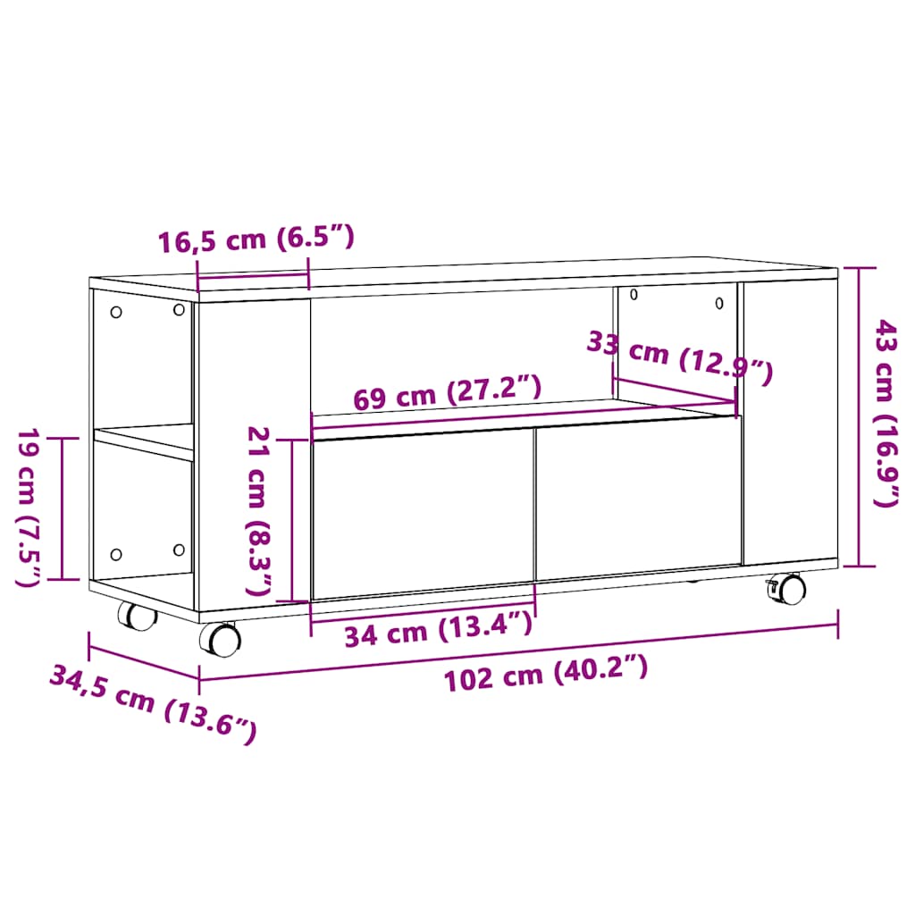 TV-Schrank mit Rollen Artisan-Eiche 102x34,5x43cm Holzwerkstoff