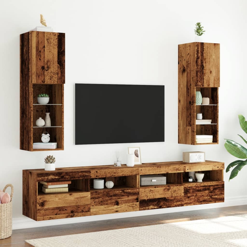 TV-Schränke mit LED-Leuchten 2 Stk. Altholz-Optik 30,5x30x102cm