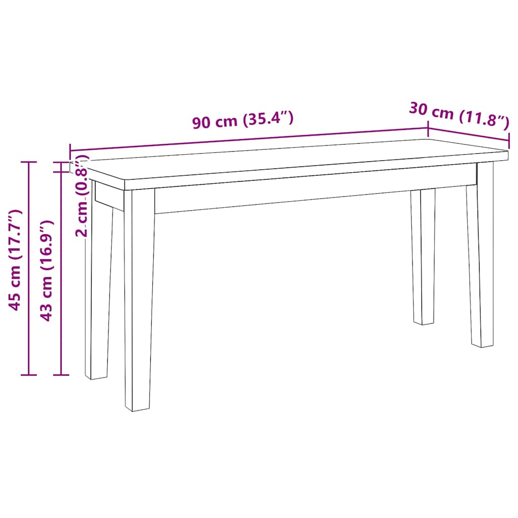 Bank 90 cm Weiß Massivholz Gummibaum