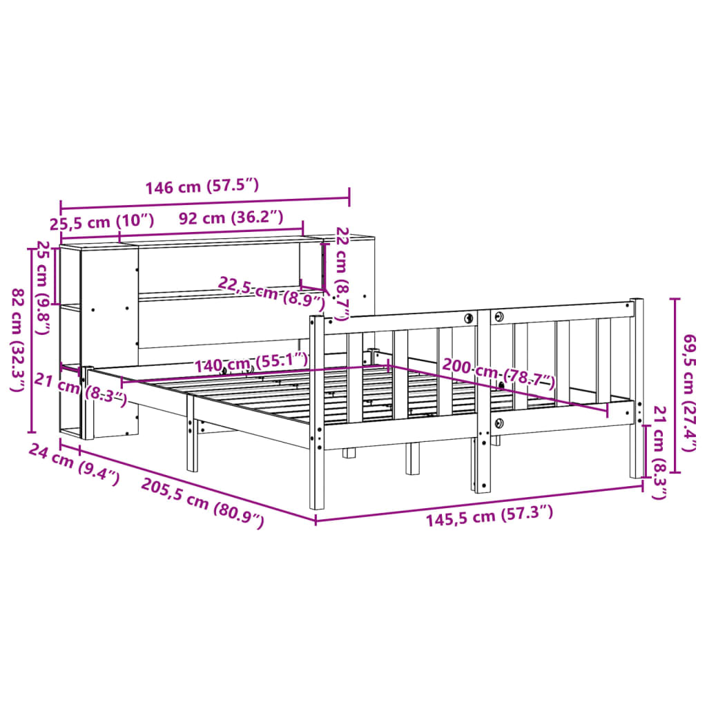 Massivholzbett mit Regal ohne Matratze 140x200 cm Kiefernholz