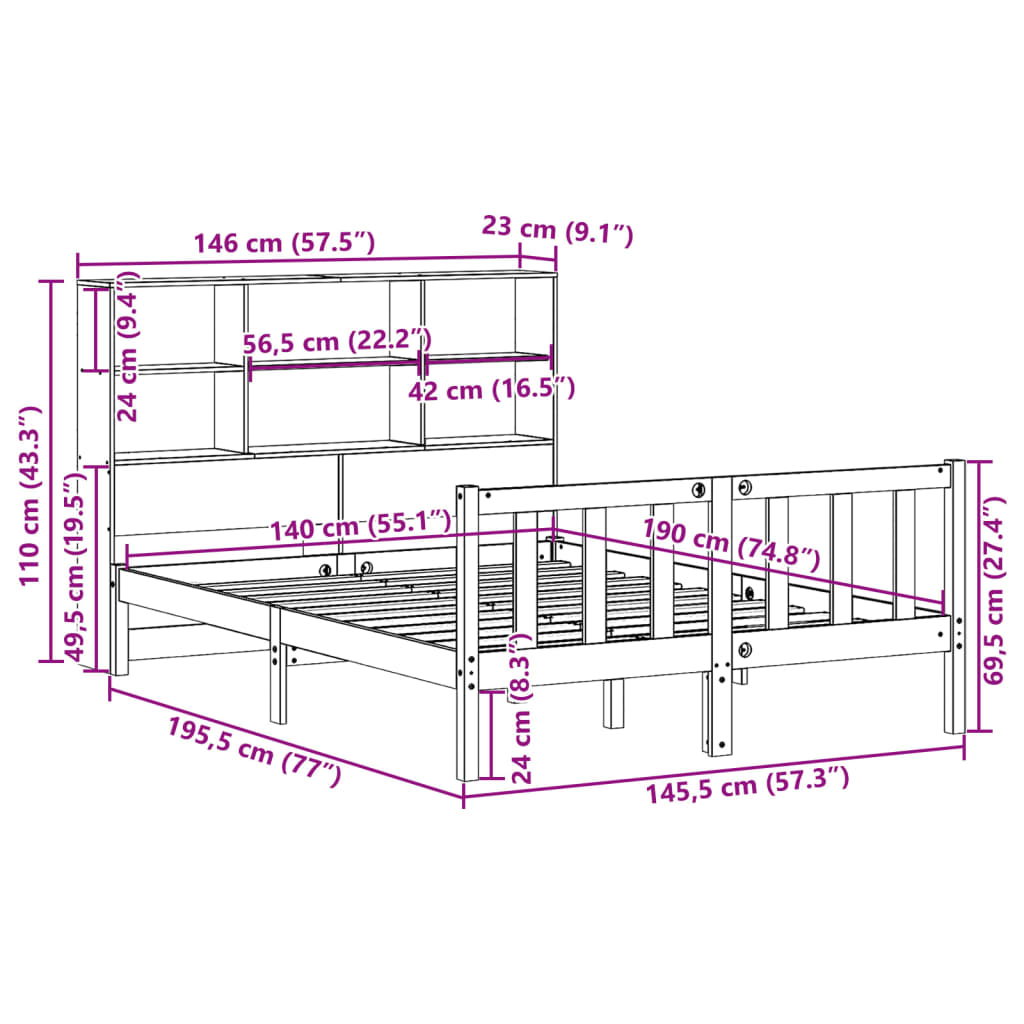 Massivholzbett mit Regal ohne Matratze Wachsbraun 140x190 cm