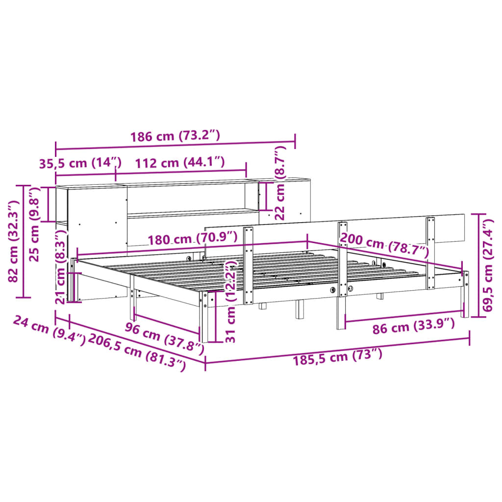 Massivholzbett mit Regal ohne Matratze 180x200 cm Kiefernholz