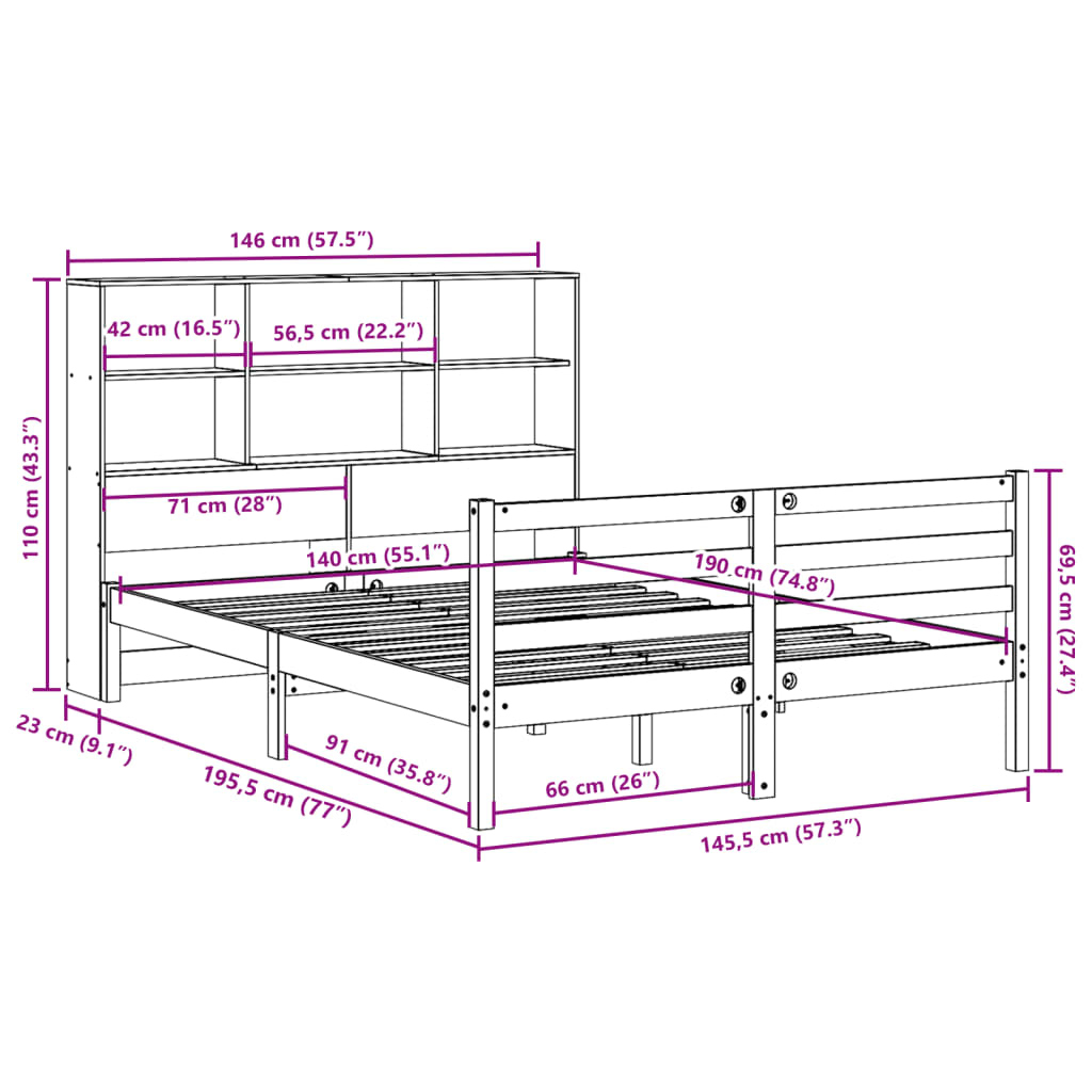 Massivholzbett mit Regal ohne Matratze 140x190 cm Kiefernholz