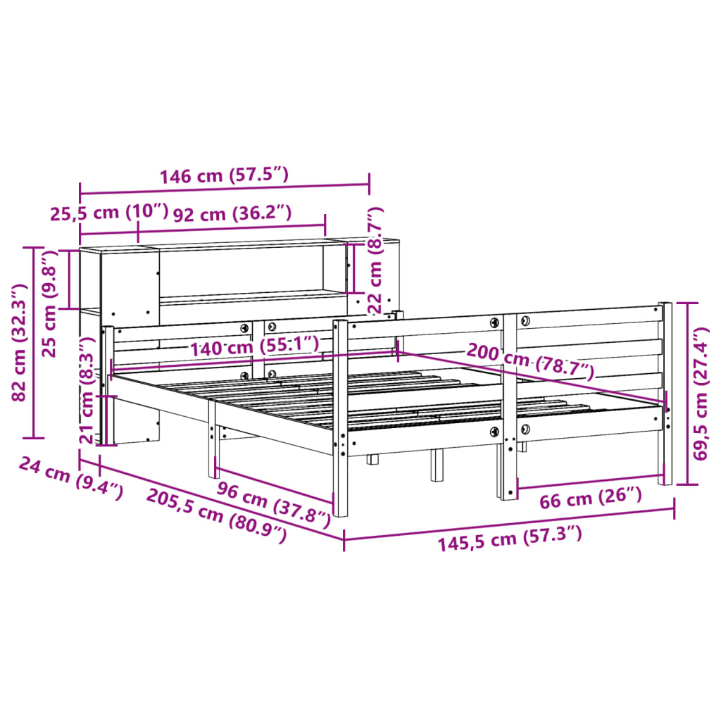 Massivholzbett mit Regal ohne Matratze 140x200 cm Kiefernholz