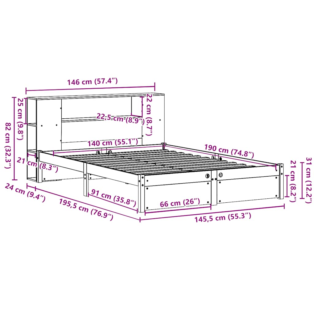 Massivholzbett mit Regal ohne Matratze 140x190 cm Kiefernholz