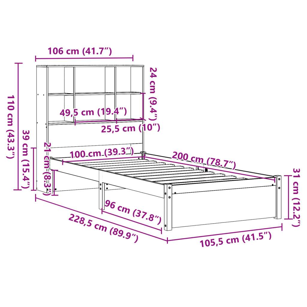 Massivholzbett mit Regal ohne Matratze 100x200 cm Kiefernholz