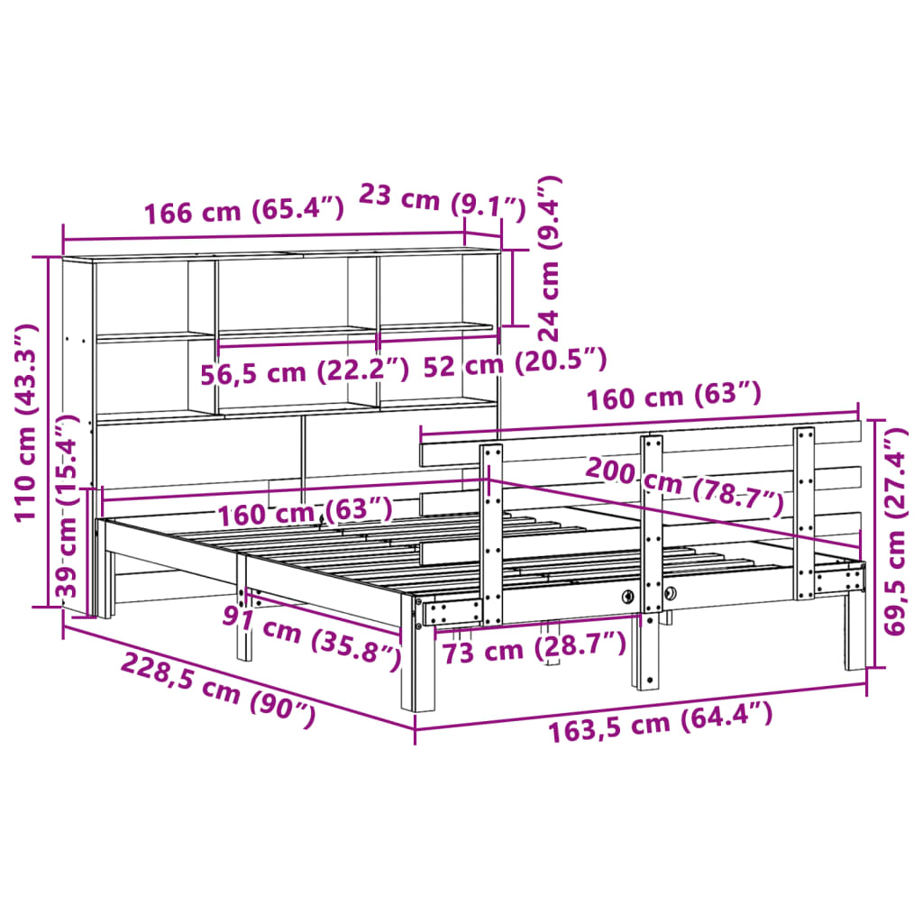 Massivholzbett mit Regal ohne Matratze Wachsbraun 160x200 cm