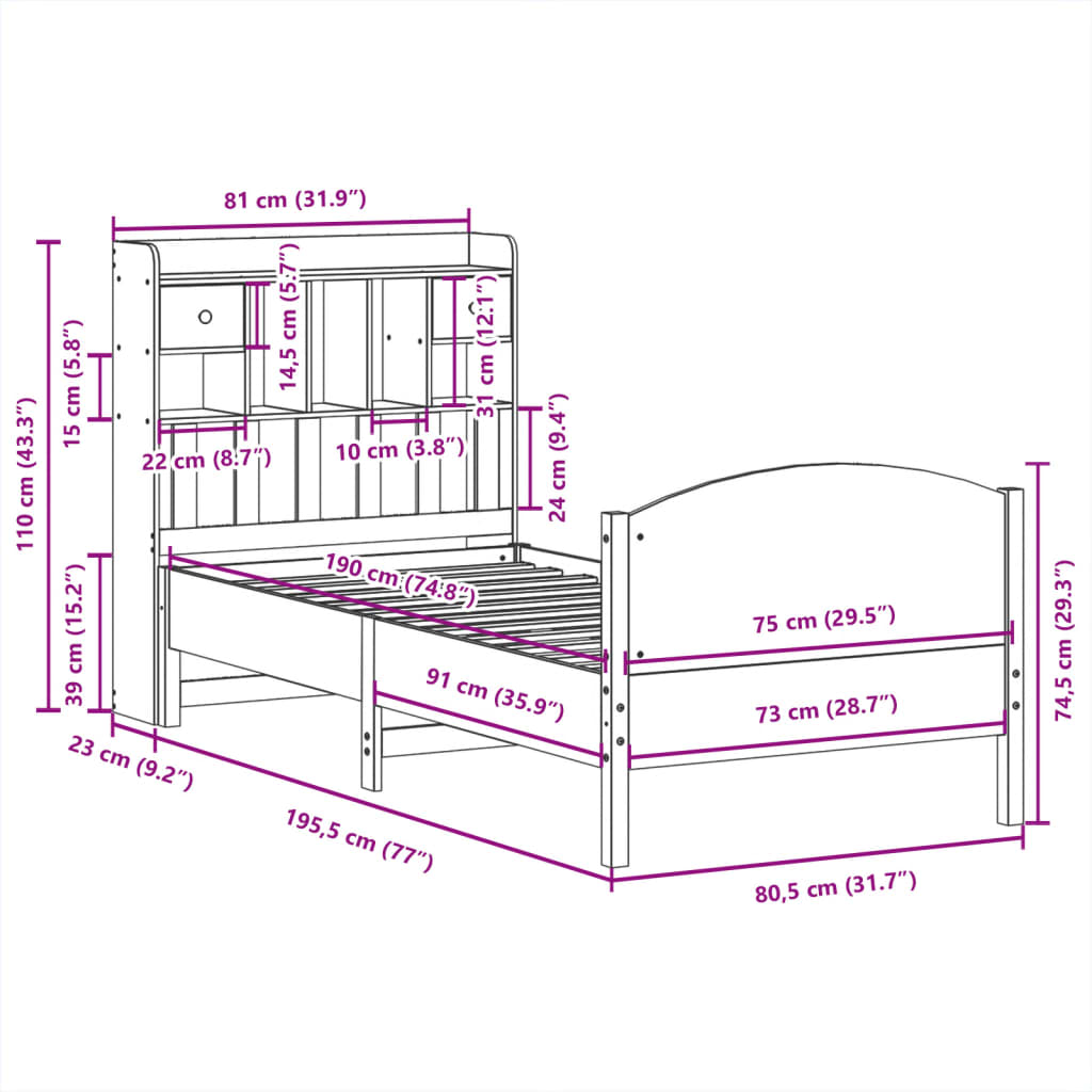 Massivholzbett mit Regal ohne Matratze Wachsbraun 75x190 cm