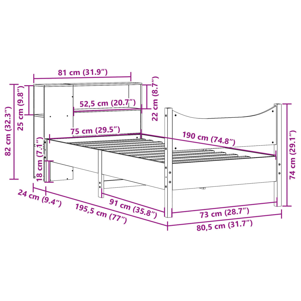 Massivholzbett ohne Matratze Wachsbraun 75x190 cm Kiefernholz