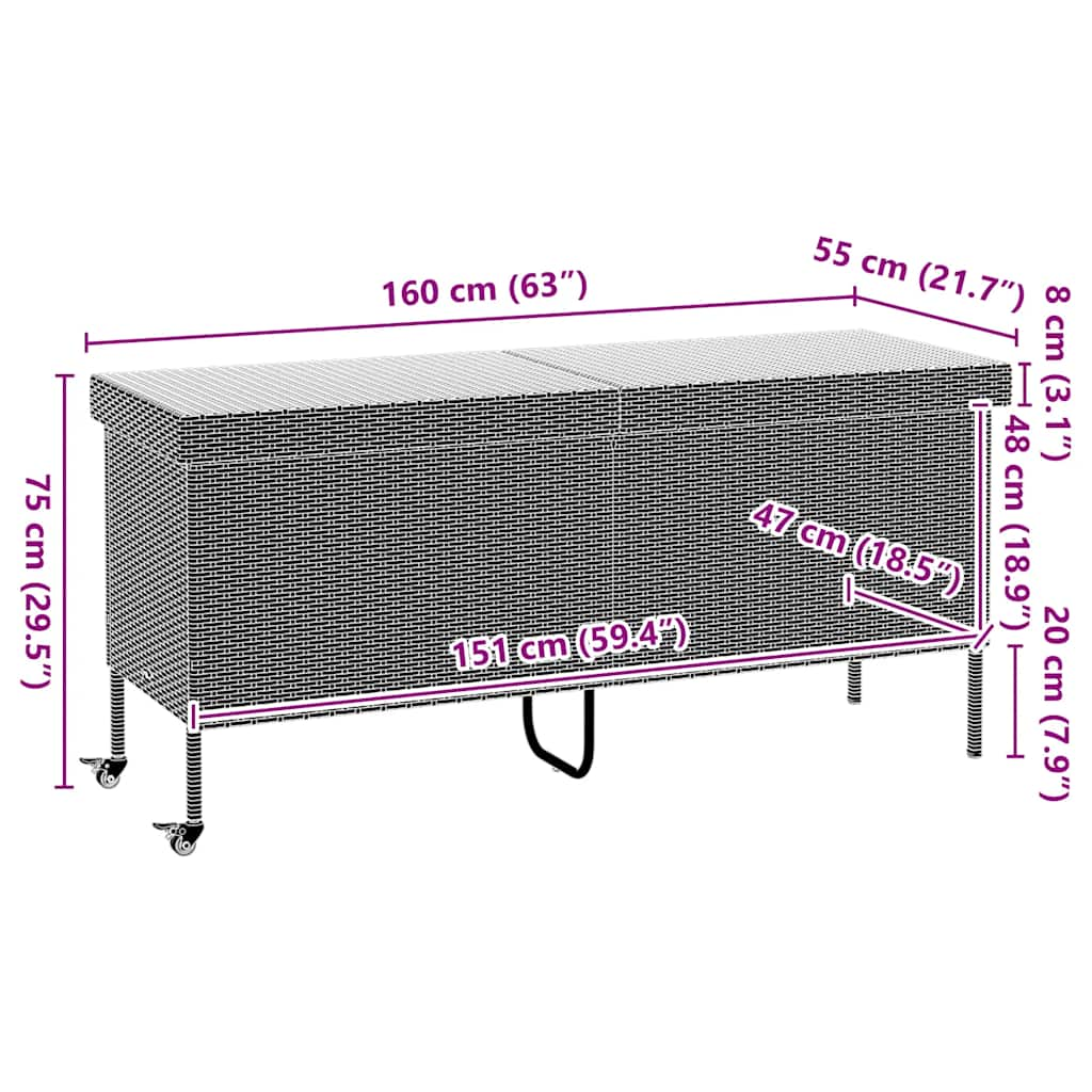 Gartentruhe mit Rollen Braun 160x55x75 cm Poly Rattan