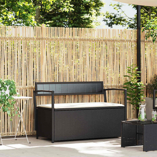 Gartenbank mit Stauraum und Kissen Schwarz Poly Rattan