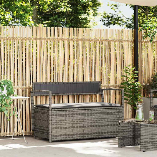 Gartenbank mit Stauraum und Kissen Grau Poly Rattan