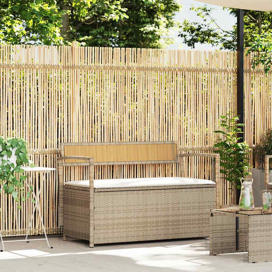 Gartenbank mit Stauraum und Kissen Beige Poly Rattan