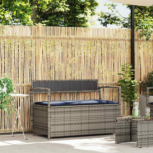 Gartenbank mit Stauraum und Kissen Grau Poly Rattan