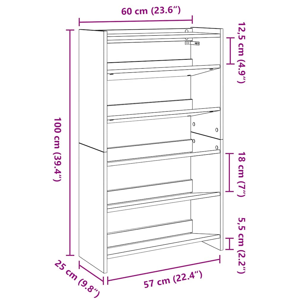 Schuhregal Braun Eichen-Optik 60x25x100 cm Holzwerkstoff