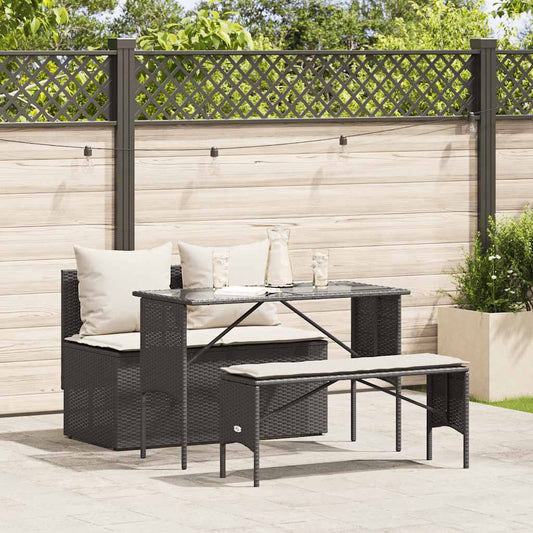 3-tlg. Garten-Essgruppe mit Kissen Schwarz Poly Rattan